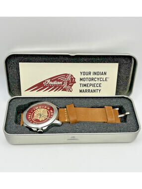 Indian Motorcycle 1901 Mens Watch Vtg Red Logo Dial Brown Leather Tin Works